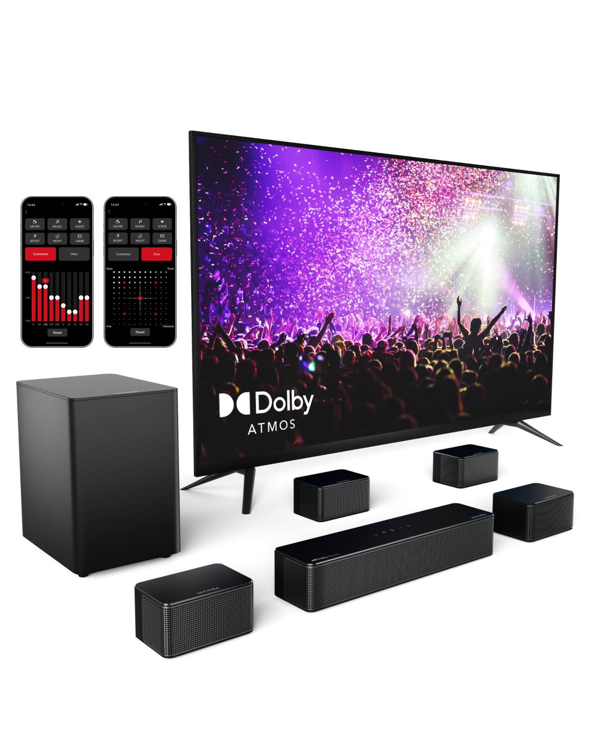 Ultimea Poseidon D80 Soundbar with Dolby Atmos, 460W, Wireless  Subwoofer, Surround Speakers, App Control Black