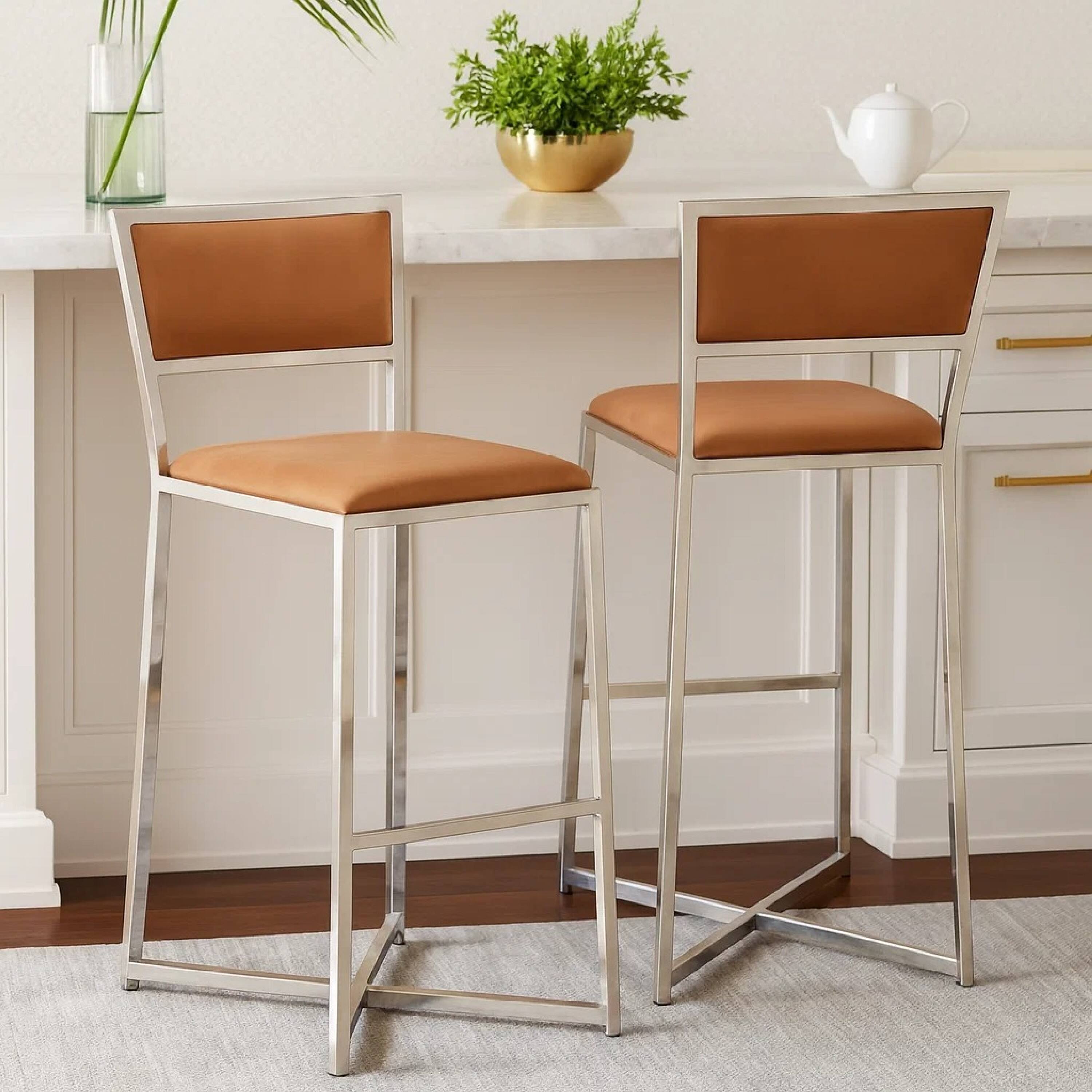 Alt View 2. Manhattan Lane - Eun 30 Inch Faux Leather Barstool, Chrome Cross Base, Set of 2 - Brown and Chrome.