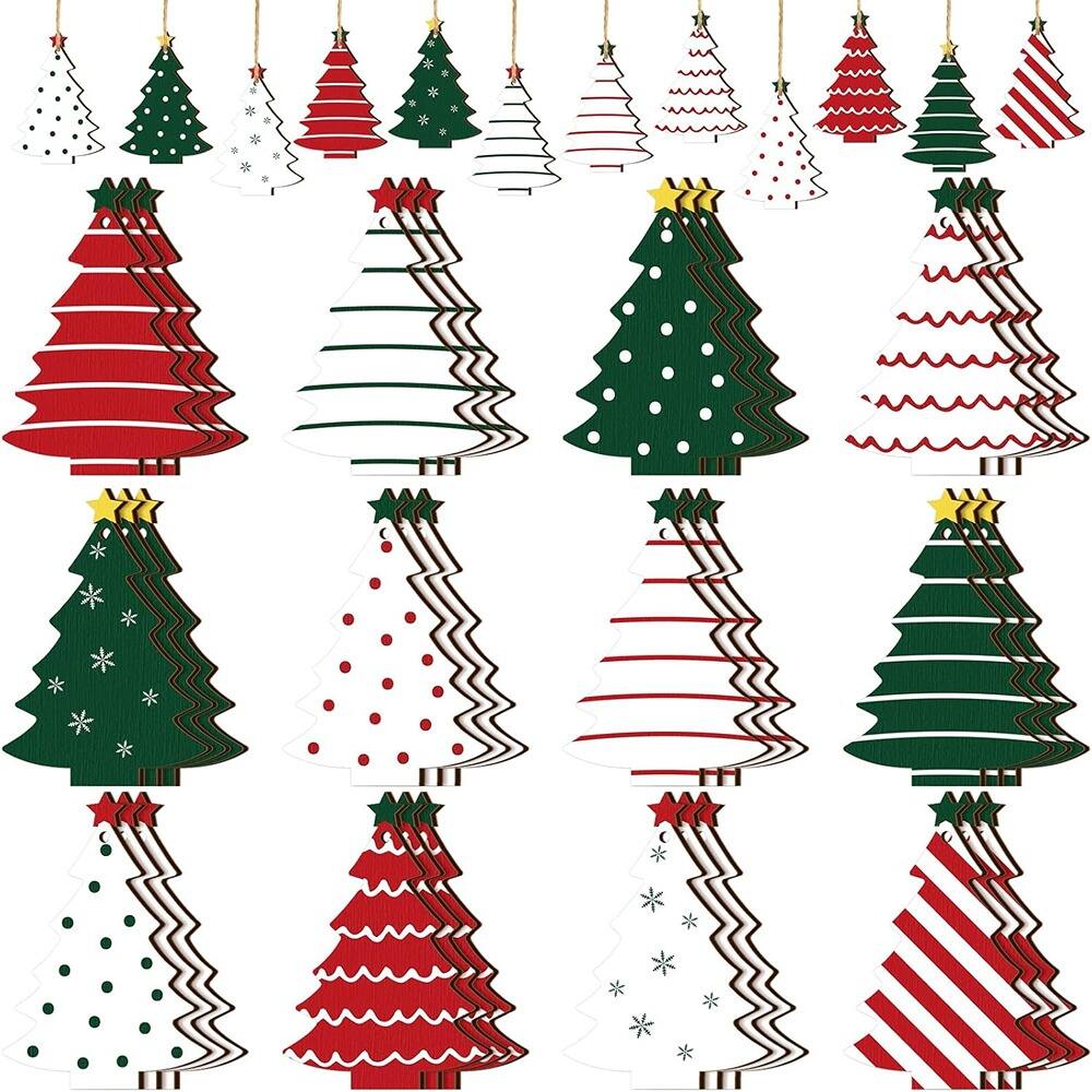 Left. RTMB - 36 Pcs Wooden Christmas Tree Ornaments – Rustic Farmhouse Red, Green, White - Xmas tree.