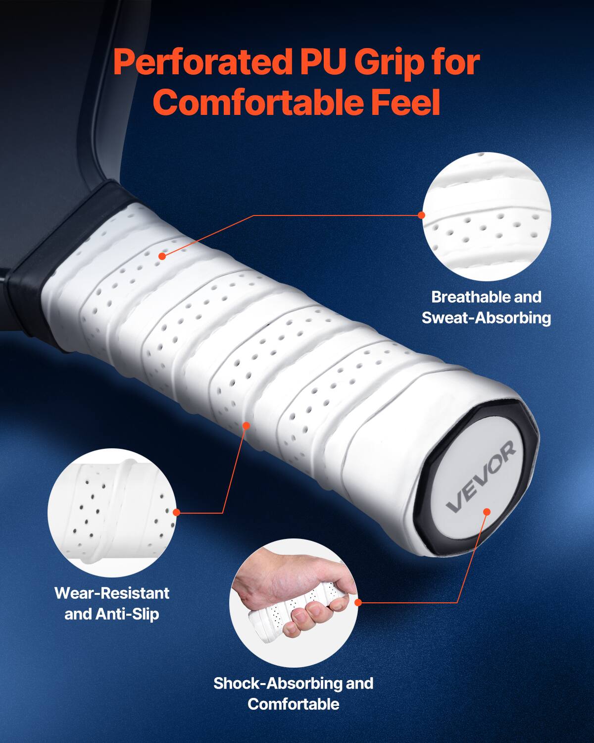 Perforated PU Grip for Comfortable Feel

- Breathable and Sweat-Absorbing
- Wear-Resistant and Anti-Slip
- Shock-Absorbing and Comfortable