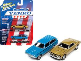 Johnny Lightning - 1967 Chevrolet Camaro SS Gold Metallic and 1972 Chevrolet Vega Stinger Wagon Blue "YENKO" Set of 2 Cars 1/64 - Gold Metallic, Blue