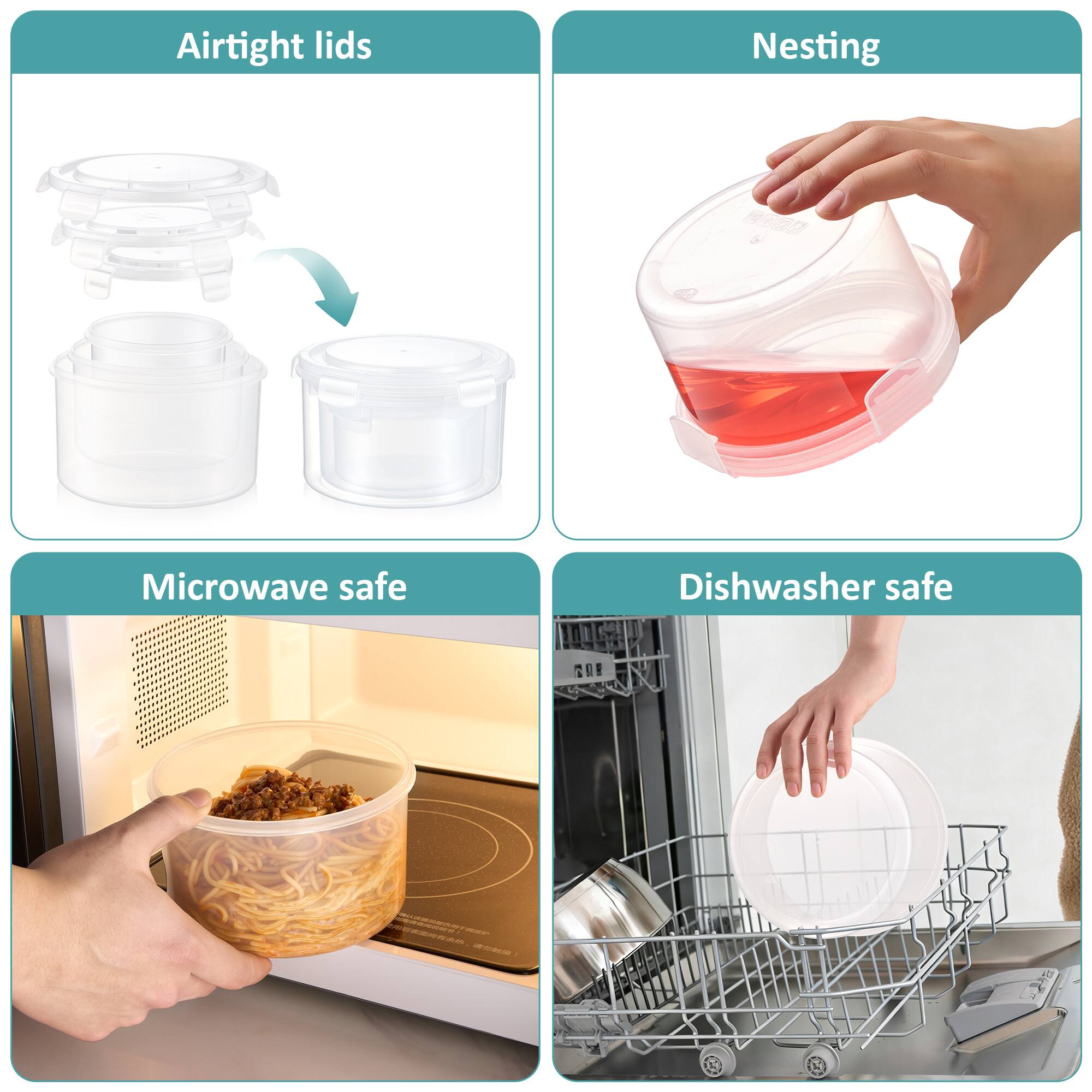 Airtight lids  
Nesting  
Microwave safe  
Dishwasher safe