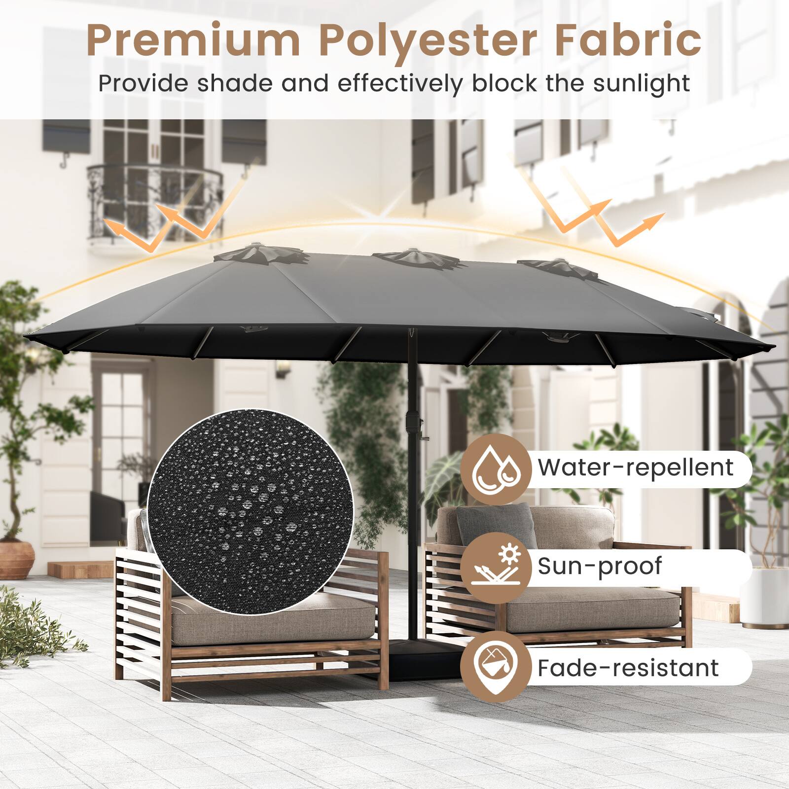 Premium Polyester Fabric  
Provide shade and effectively block the sunlight  

- Water-repellent  
- Sun-proof  
- Fade-resistant