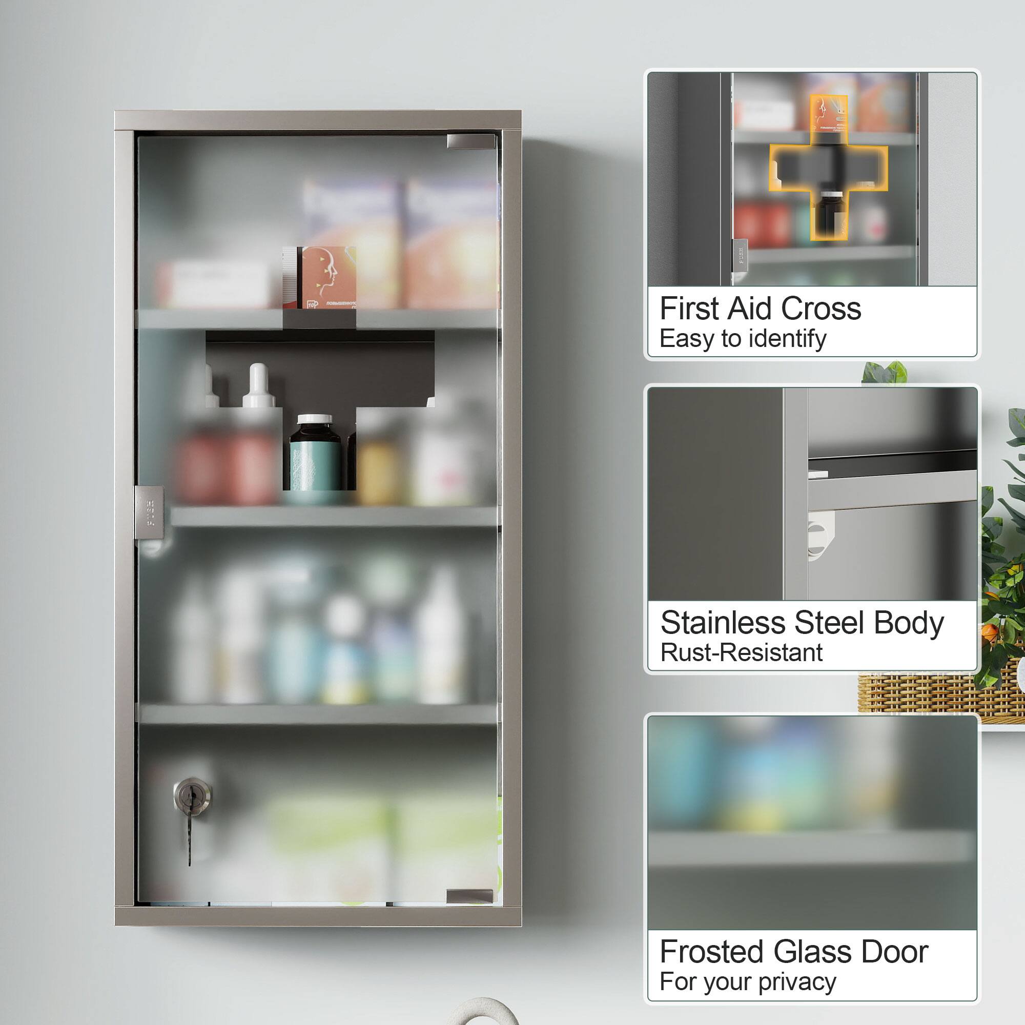 First Aid Cross  
Easy to identify  

Stainless Steel Body  
Rust-Resistant  

Frosted Glass Door  
For your privacy