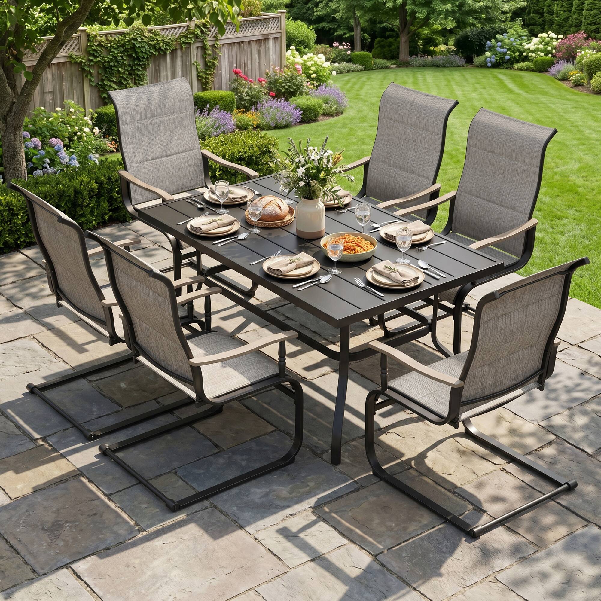 Angle. Nuu Garden - 7-Piece Patio Dining Set with Umbrella Hole, Breathable Textilene Fabric - Brown and Black.