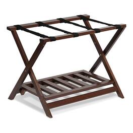 PJ Wood - Hotel Style Wood Home Folding Suitcase Luggage Rack with Shelf, Walnut - Walnut