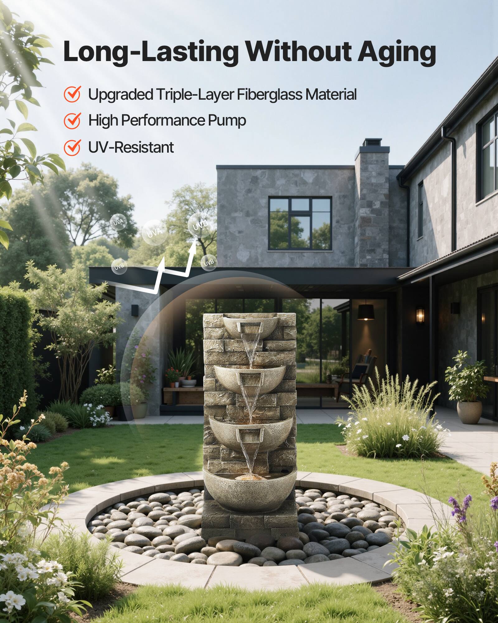 Long-Lasting Without Aging

- Upgraded Triple-Layer Fiberglass Material
- High Performance Pump
- UV-Resistant

UVA, UVB