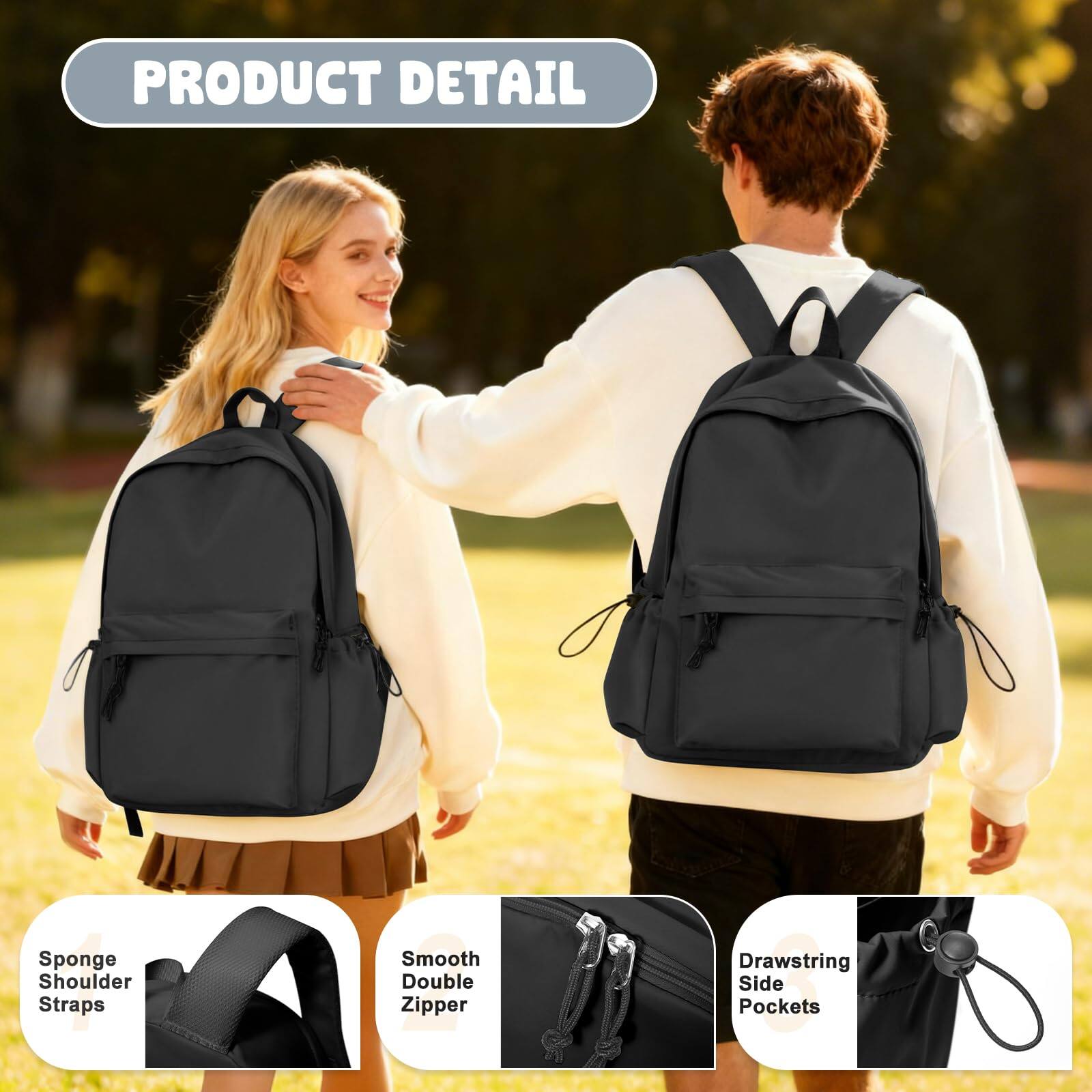 Cozy Serene School Backpack Black Waterproof Bookbag Casual Lightweight ...