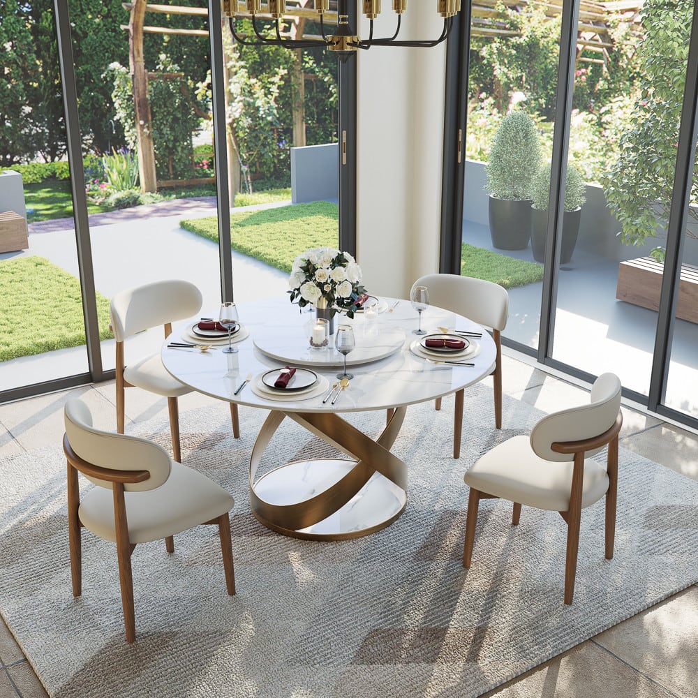 POVISON - 51" Modern White Dining Table for 4 with Lazy Susan, Glossy Round Sintered Stone Tabletop, Bronze X Carbon Steel Base - White Glossy Sintered Stone with Bronze