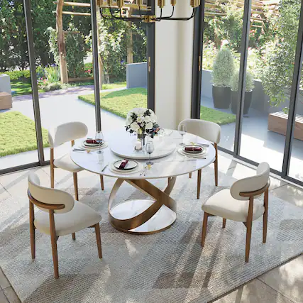 Front. POVISON - 51" Modern White Dining Table for 4 with Lazy Susan, Glossy Round Sintered Stone Tabletop, Bronze X Carbon Steel Base - White Glossy Sintered Stone with Bronze.
