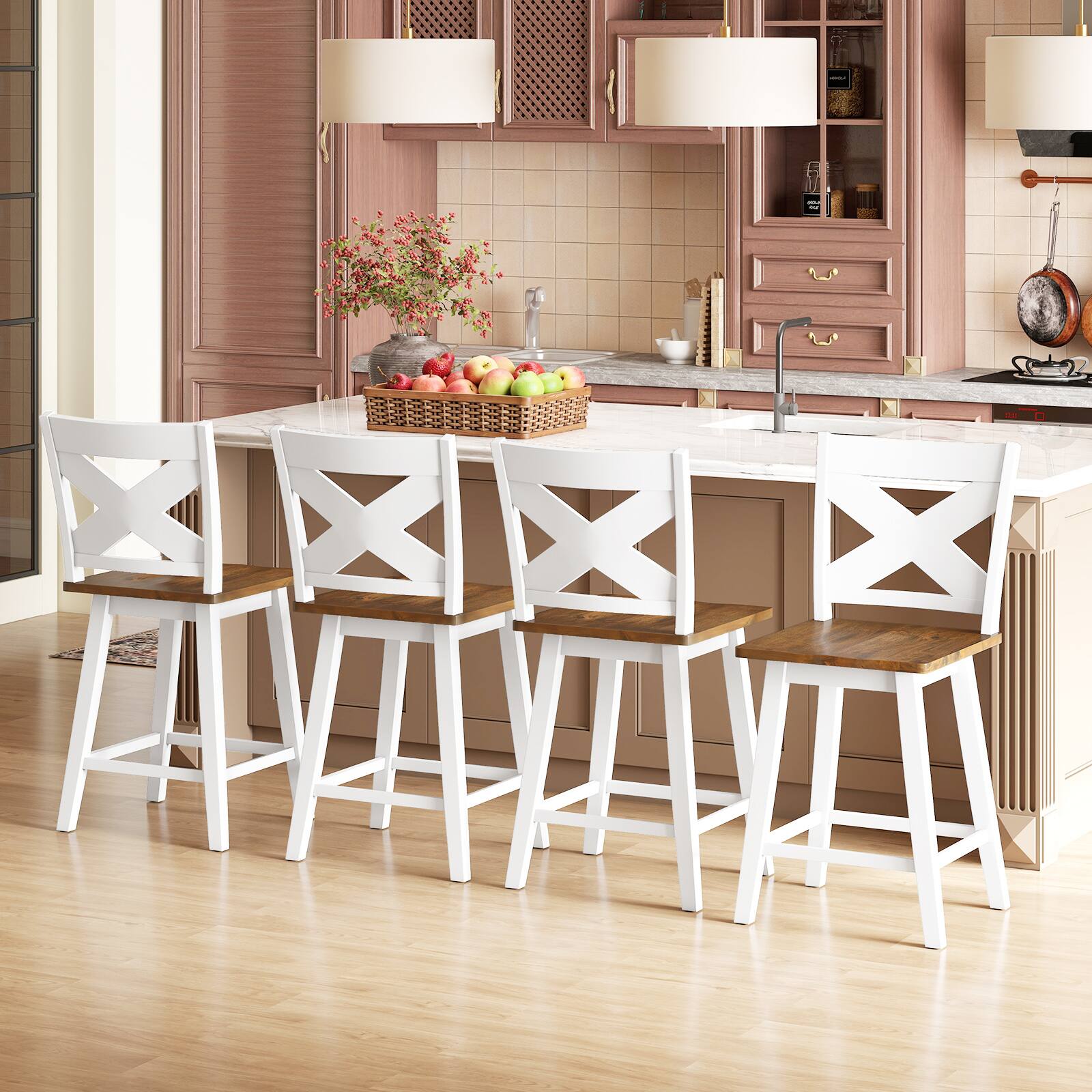 Alt View 1. Gymax - Gymax 24'' Swivel Barstools Set of 4 w/Backrest Large Seat Footrest for Kitchen Island White & Walnut - White.