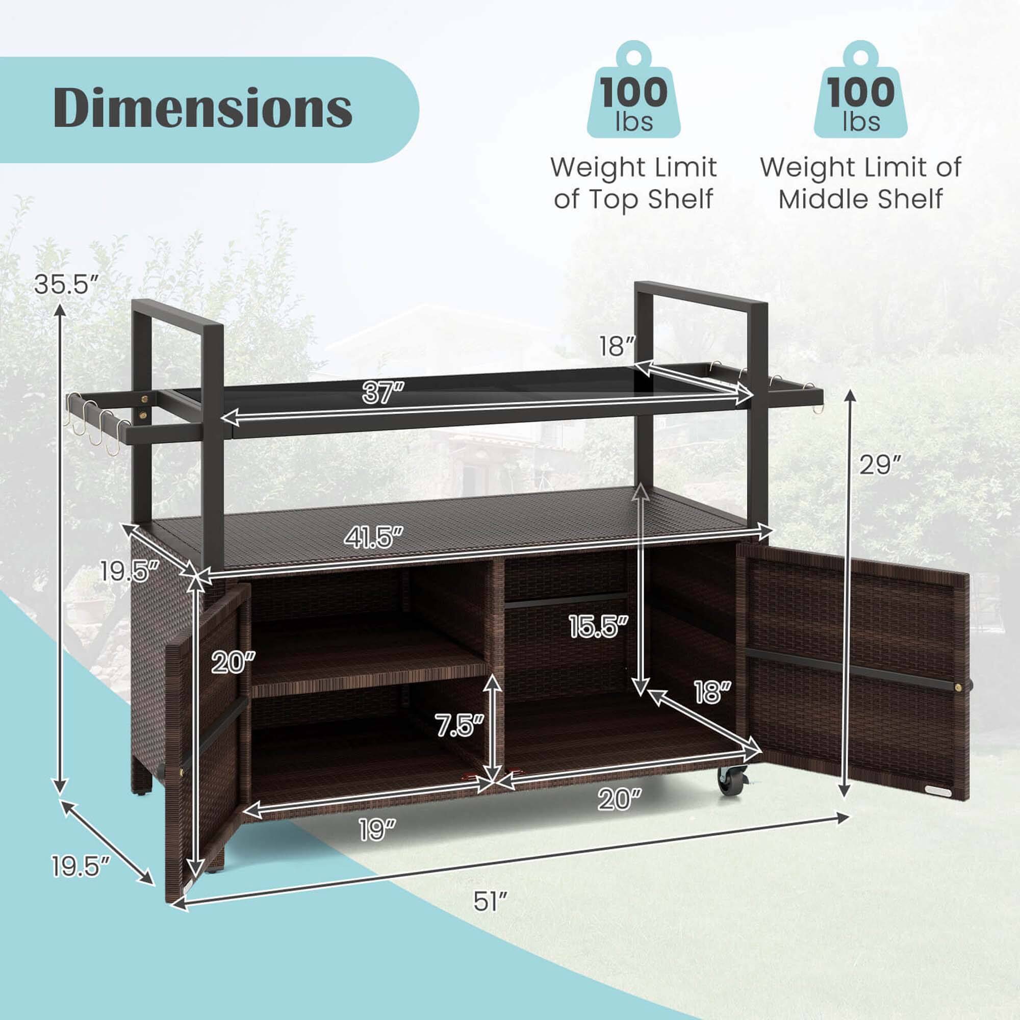 Dimensions:
- Height: 35.5"
- Width: 37"
- Depth: 18"
- Weight Limit of Top Shelf: 100 lbs
- Weight Limit of Middle Shelf: 100 lbs

Shelf Dimensions:
- Top Shelf: 37" x 18"
- Middle Shelf: 41.5" x 19.5"
- Bottom Shelf: 51" x 19.5"

Overall Dimensions:
- Height: 29"
- Width: 51"
- Depth: 20"