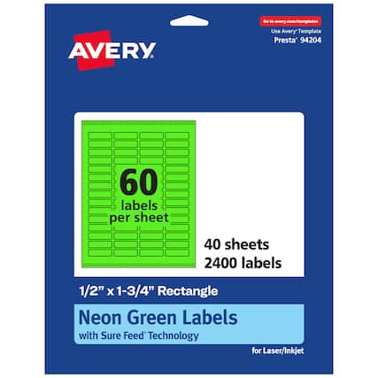 Go to avery.com/templates
AVERY
Use Avery Template Presta* 94204
60 labels per sheet
40 sheets
2400 labels
1/2" x 1-3/4" Rectangle
Neon Green Labels with Sure Feed Technology for Laser/Inkjet