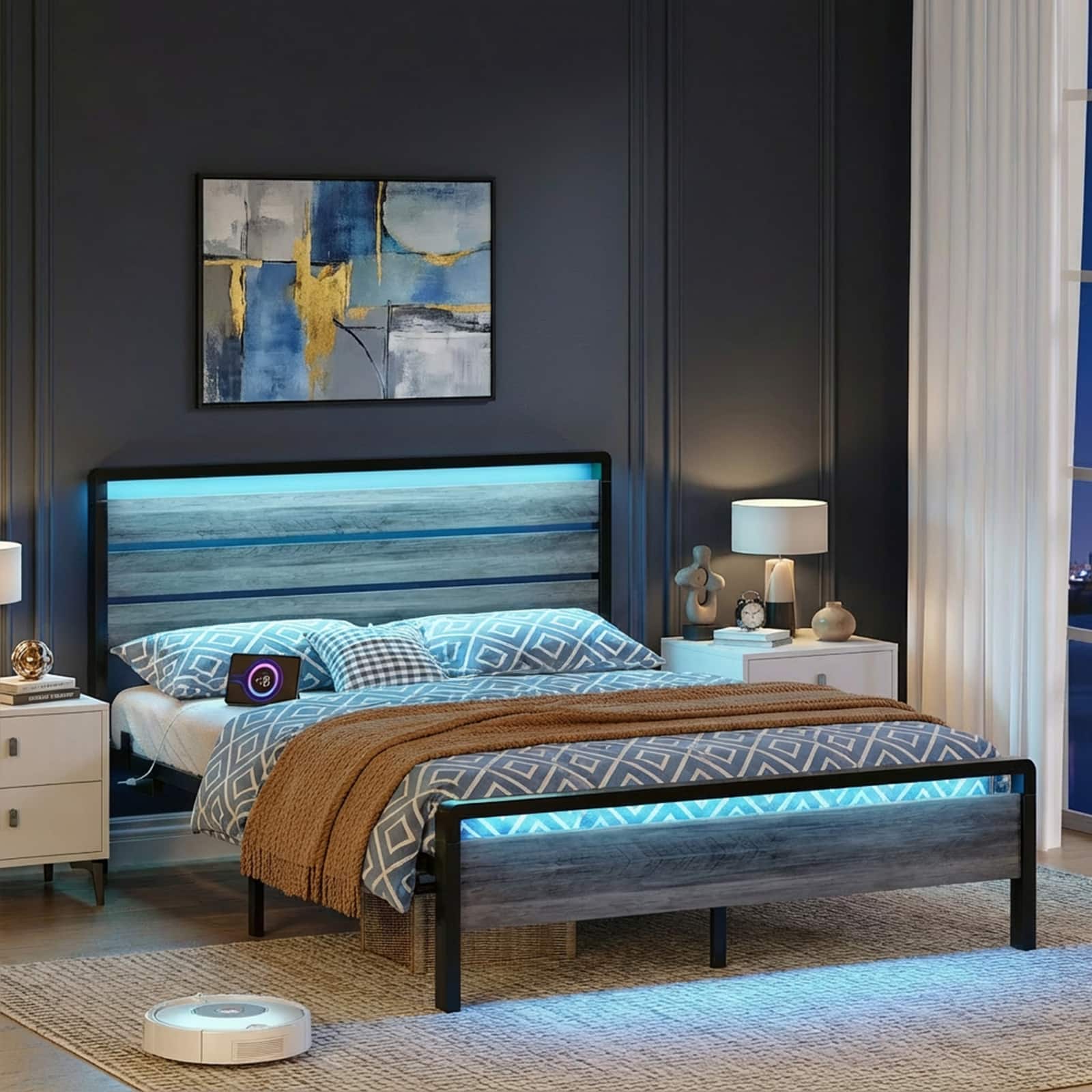 Winado - Full Size Platform Bed Frame with LED Headboard, USB Charging Station, Metal Panel Bed with 12" Under Bed Storage Space - Gray