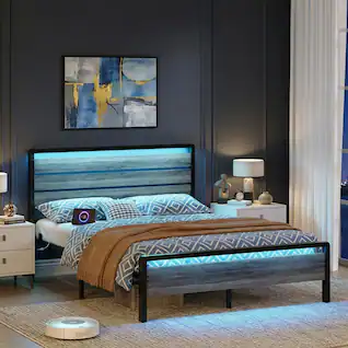 Winado - Queen Size Platform Bed Frame with LED Headboard, USB Charging Station, Metal Panel Bed with 12" Under Bed Storage Space - Gray