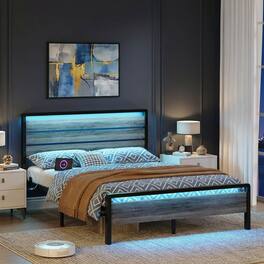 Winado - Full Size Platform Bed Frame with LED Headboard, USB Charging Station, Metal Panel Bed with 12" Under Bed Storage Space - Gray