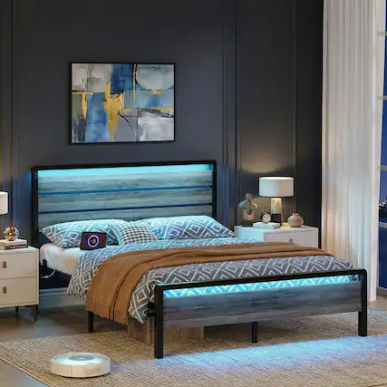 Front. Winado - King Size Platform Bed Frame with LED Headboard, USB Charging Station, Metal Panel Bed with 12" Under Bed Storage Space - Gray.