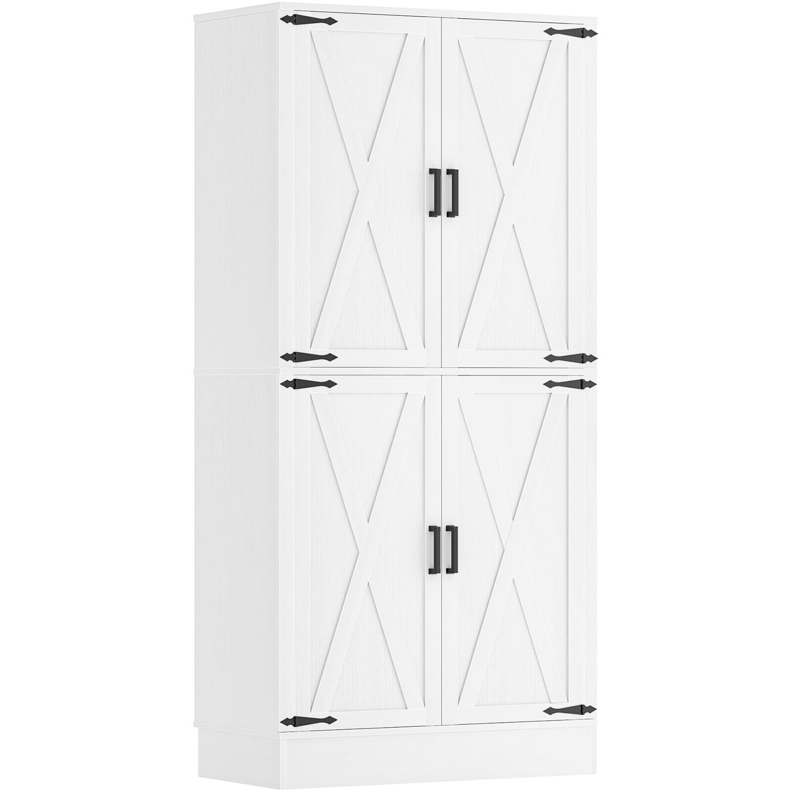 Angle. Aheaplus - 70'' Tall Kitchen Pantry Cabinet with Drawer and Adjustable Shelves, 4 Barn Door Pantry for Dining, Kitchen - White.