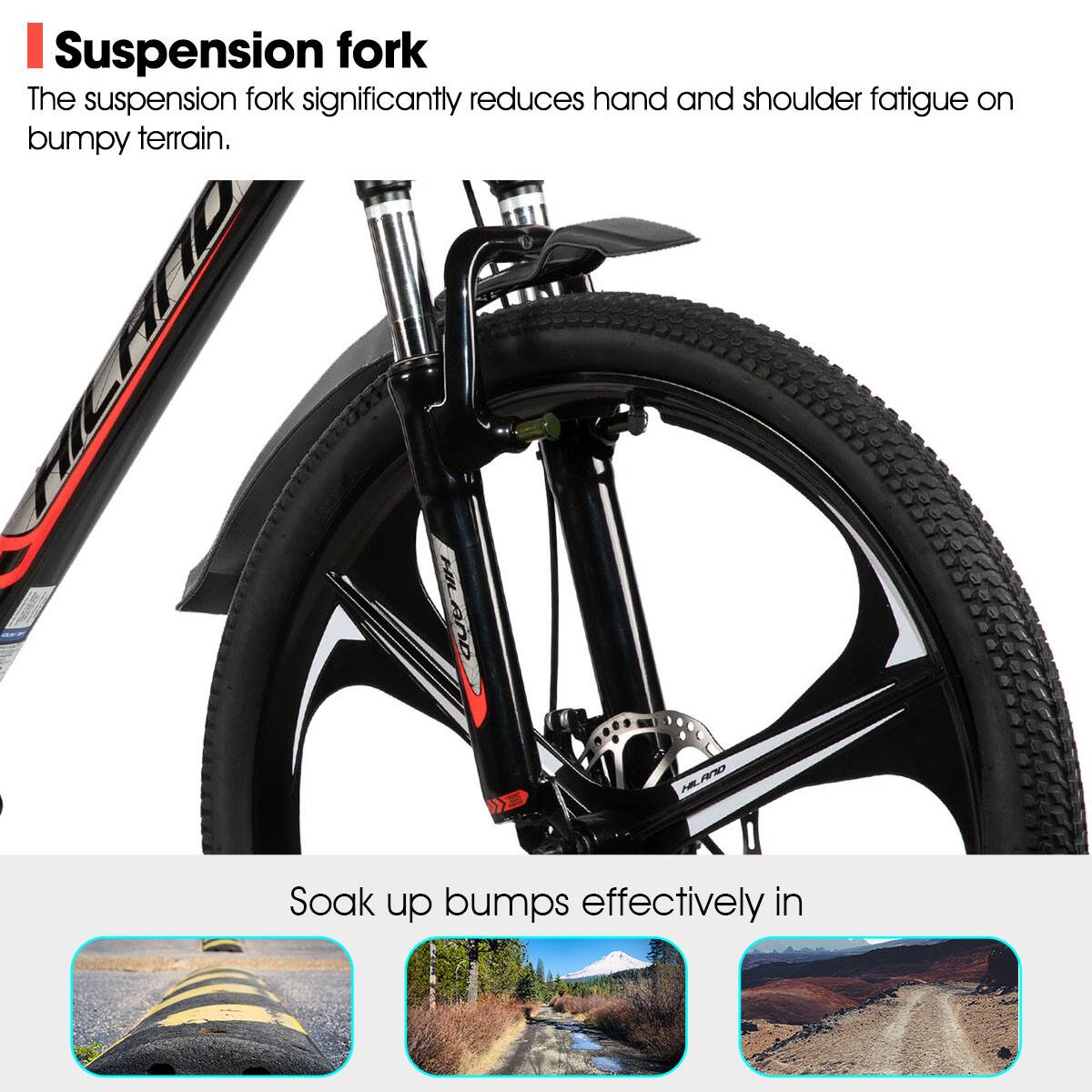 Suspension fork

The suspension fork significantly reduces hand and shoulder fatigue on bumpy terrain.

Soak up bumps effectively in