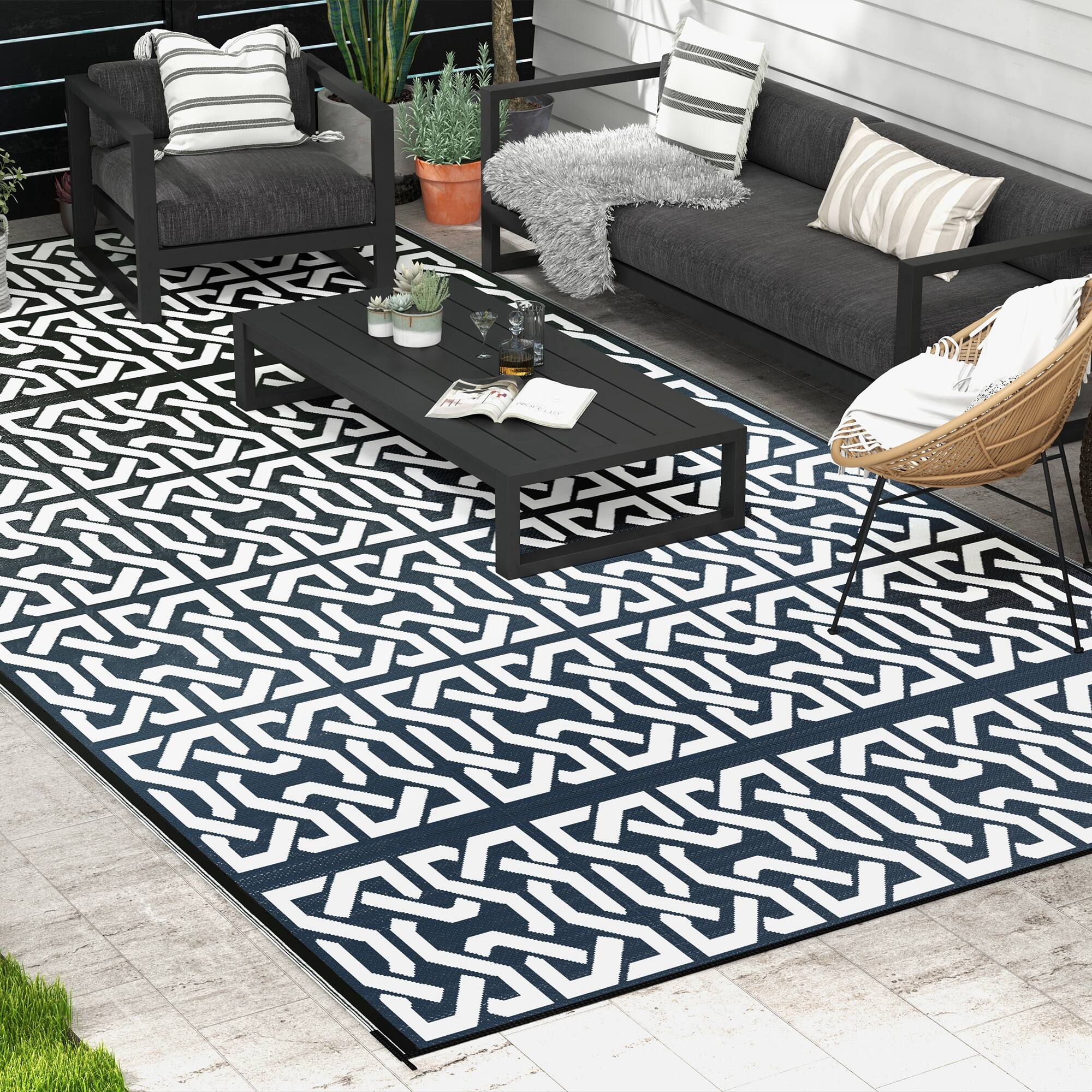 Alt View 1. Outsunny - Outdoor Rug for Patio, 9' x 18' Waterproof Large Mat, Reversible Plastic Straw Rug for Décor - Black and White Chain.