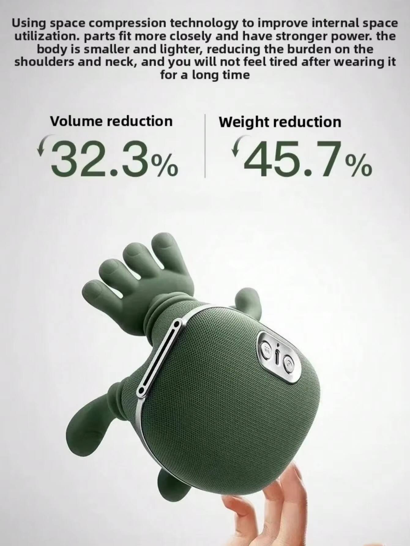 Using space compression technology to improve internal space utilization. Parts fit more closely and have stronger power. The body is smaller and lighter, reducing the burden on the shoulders and neck, and you will not feel tired after wearing it for a long time.

Volume reduction: 32.3%  
Weight reduction: 45.7%
