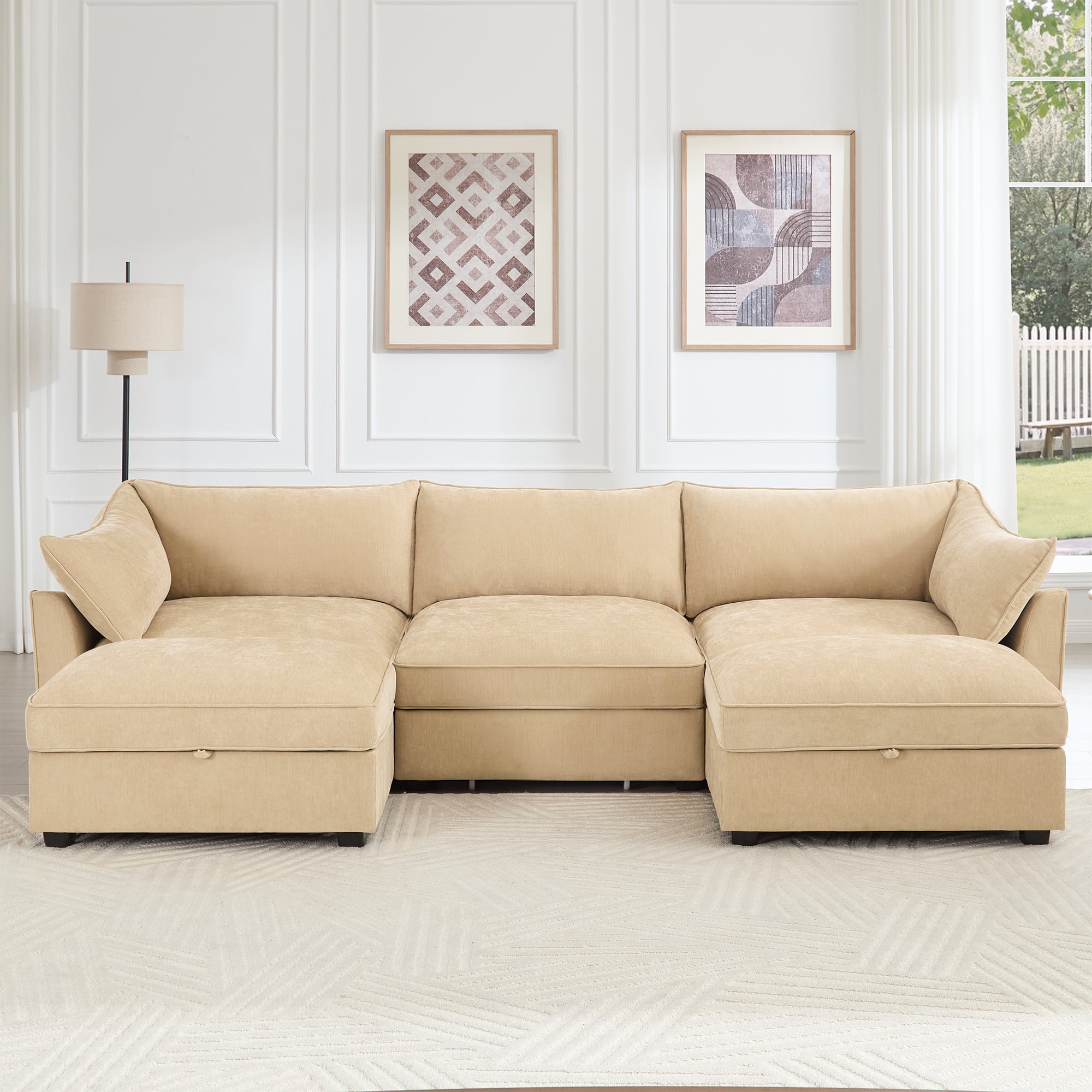 Aukfa - U-Shaped 3-Seater Deep-Seat Sofa with 2 Footstools - Pull-Out Storage Drawers, Crescent Armrests, Chenille - Hazelwood