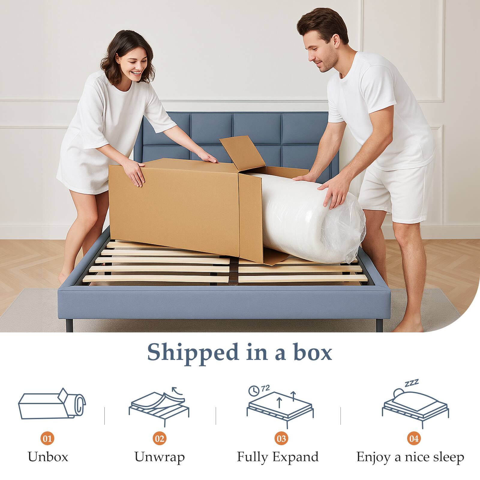 Shipped in a box

01 Unbox  
02 Unwrap  
03 Fully Expand  
04 Enjoy a nice sleep