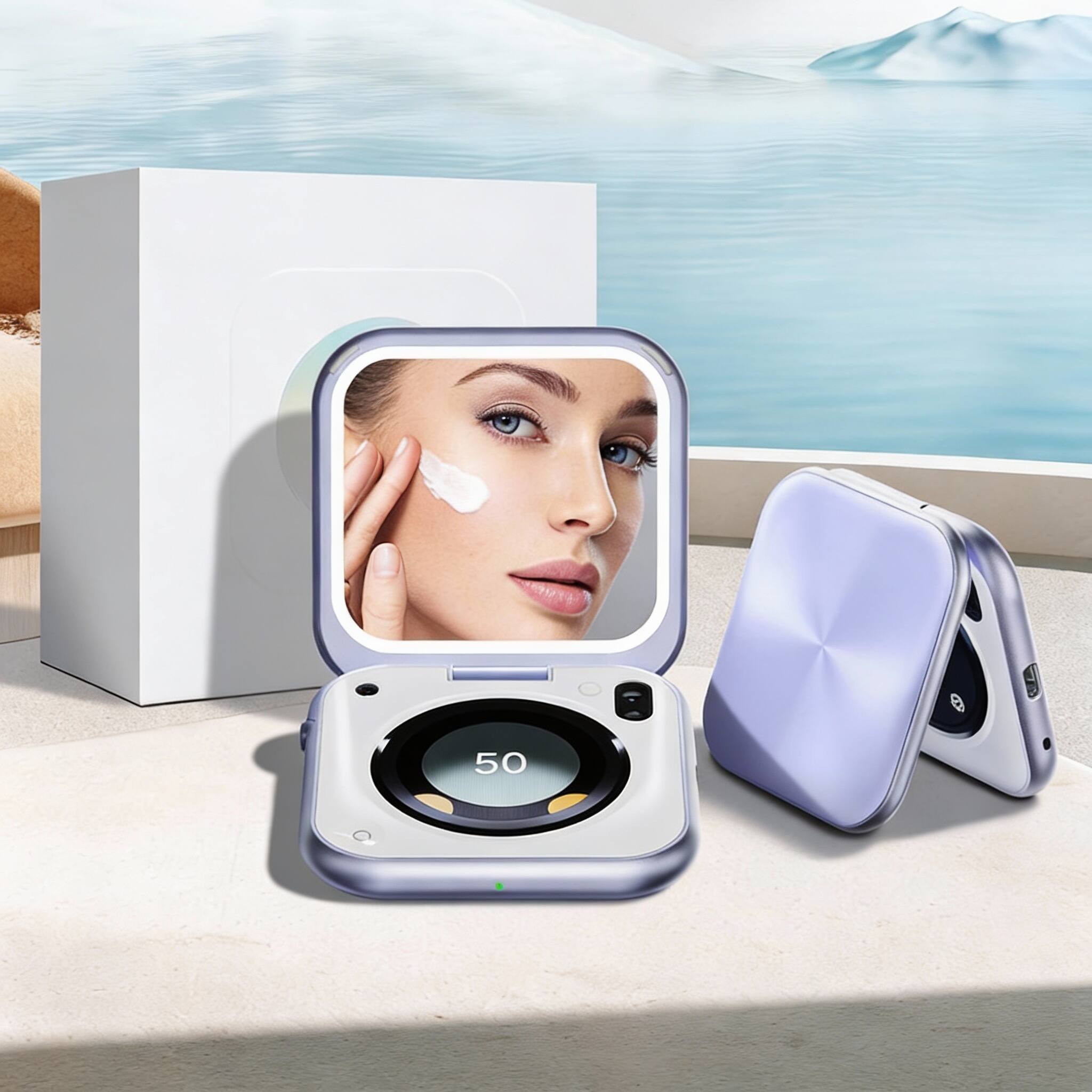 Left. OMOMMD - Uv Camera Mirror For Sunscreen Test color Led Light With Real time Humidity Sensor Portable Travel Makeup C - Purple.