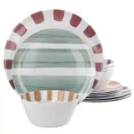 Gibson - Home Cottage Stripes 12 Piece Melamine Dinnerware Set in White and - Multi