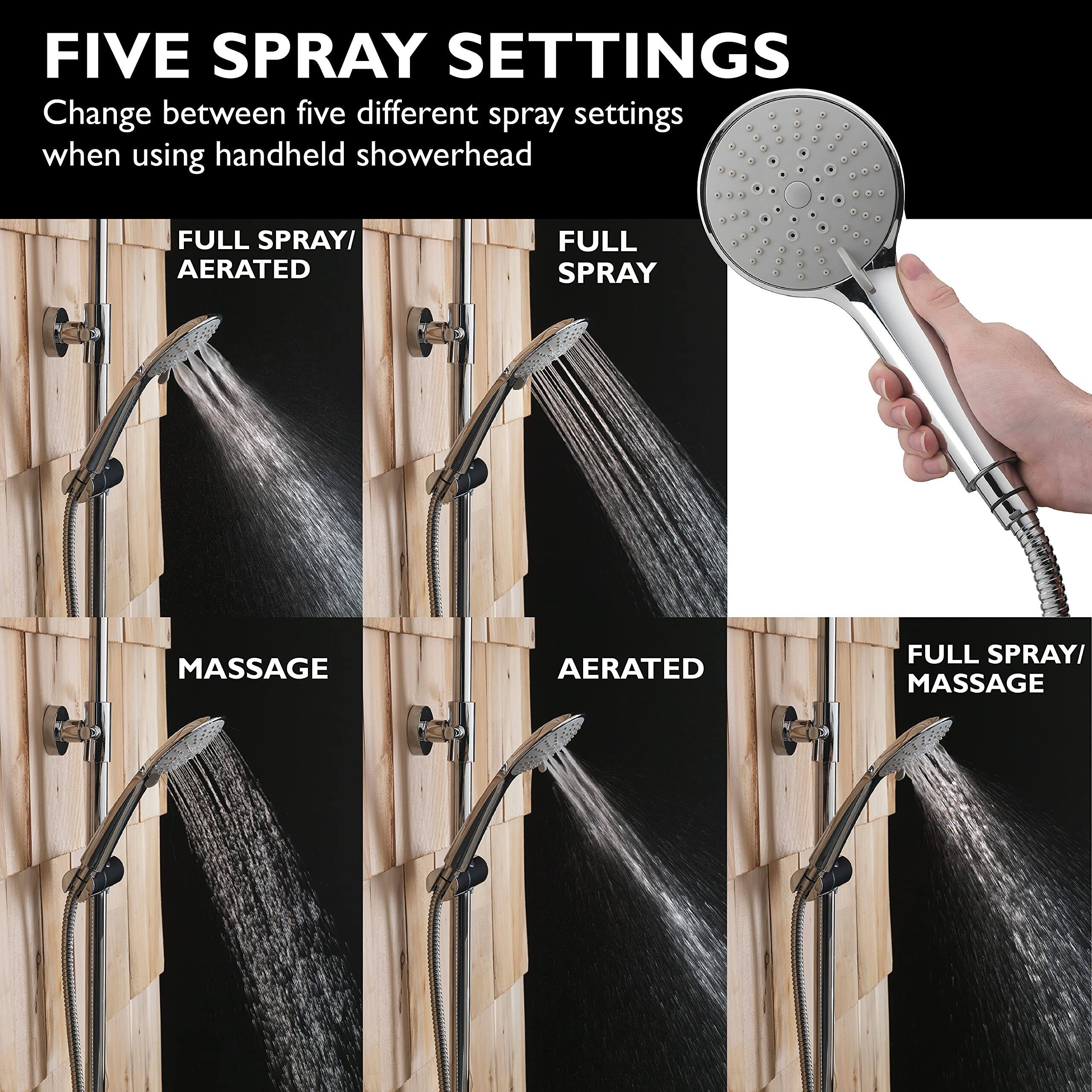 FIVE SPRAY SETTINGS  
Change between five different spray settings when using handheld showerhead

- FULL SPRAY/ AERATED
- FULL SPRAY
- MASSAGE
- AERATED
- FULL SPRAY/ MASSAGE