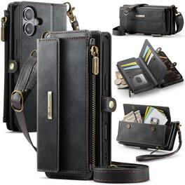 Dteck - Wallet Case for Apple iPhone 17, Leather Shockproof Card Slots Zipper Pocket Cover With Shoulder Strap+Lanyard - Black