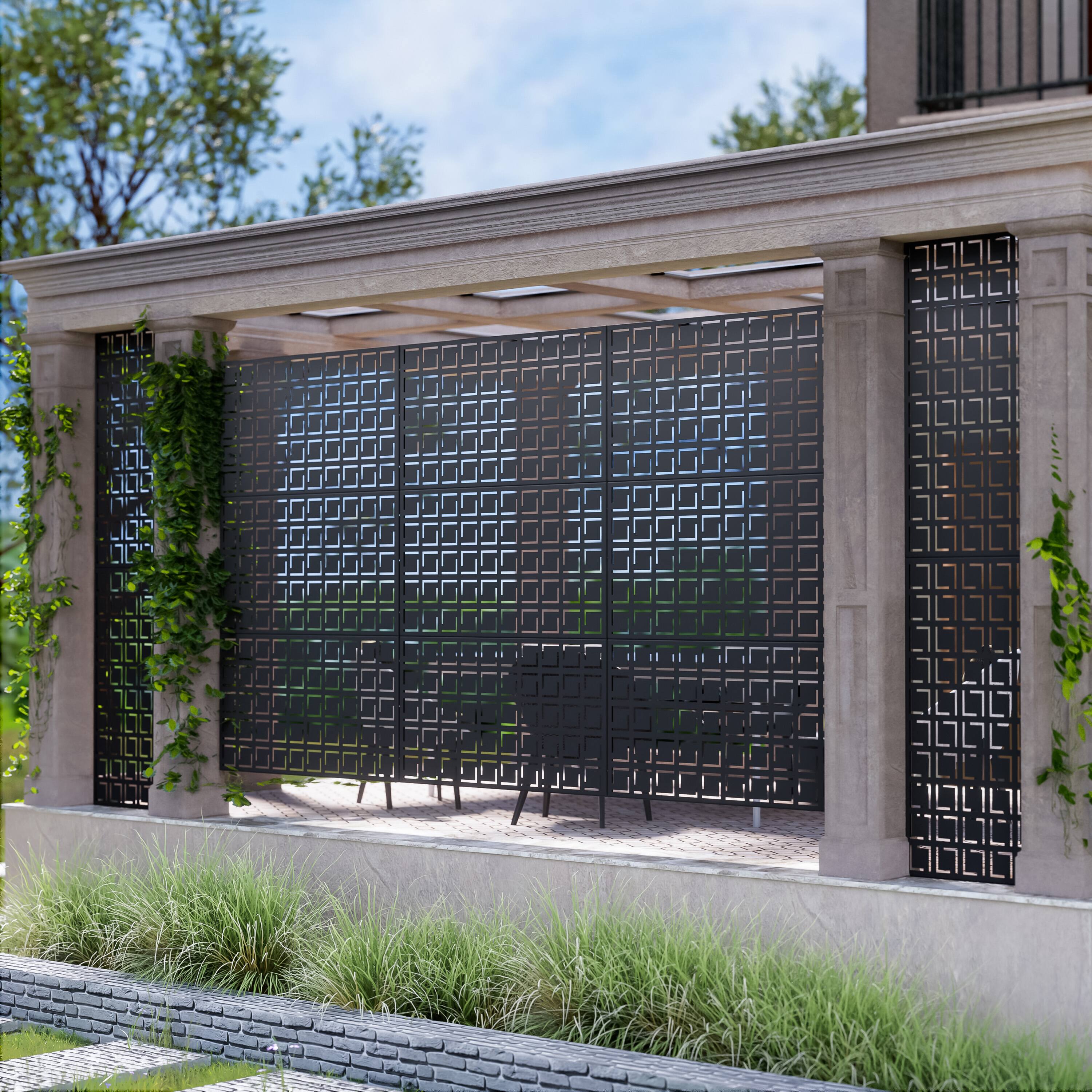 Alt View 4. PexFix - 72 in. x 47 in. Frederick Pattern Metal Outdoor Privacy Screen & Panels, Freestanding Garden Divider Fence - Black.