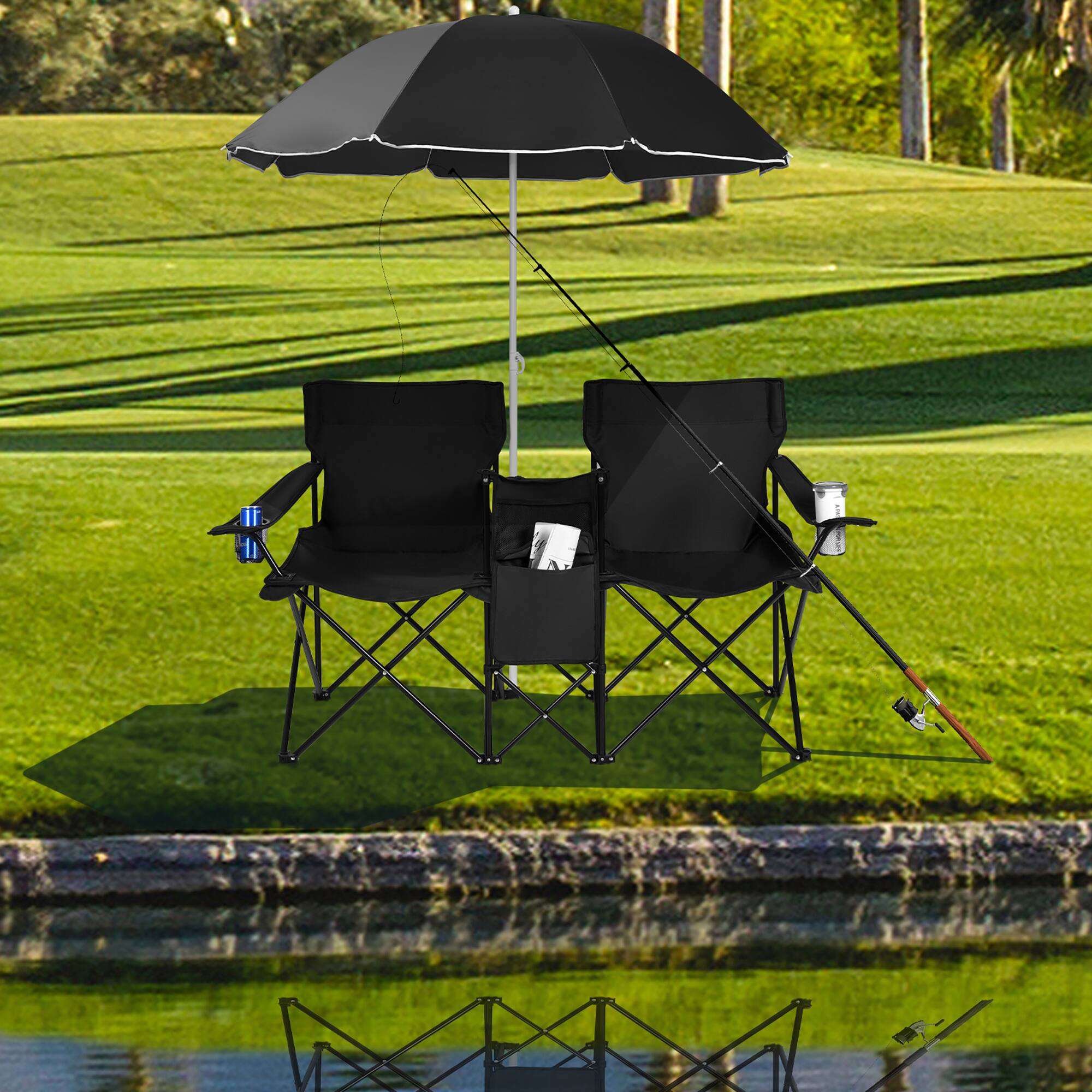 Double Folding Camping Chair With Cooler And Removable Sun Umbrella - Gray