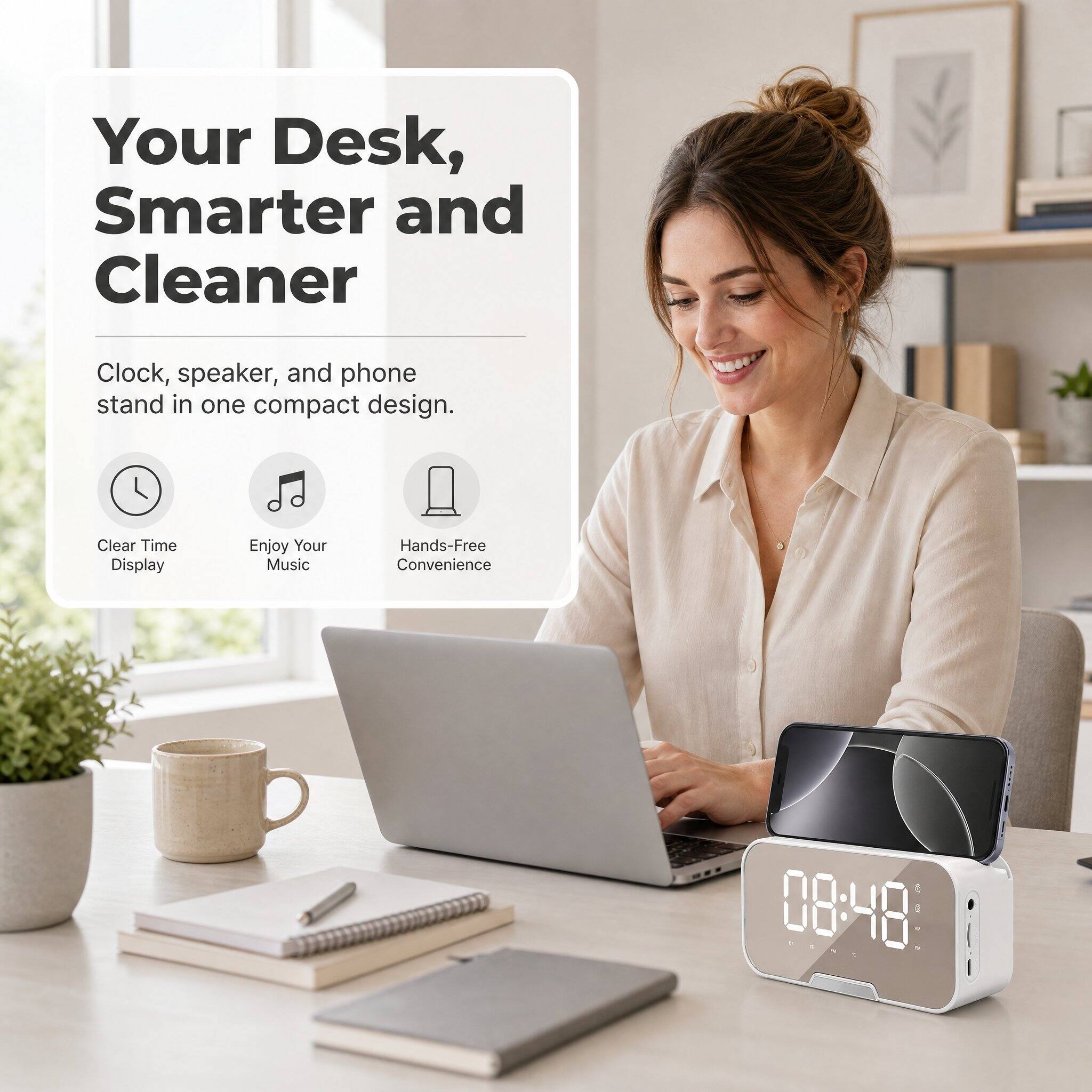 Your Desk, Smarter and Cleaner

Clock, speaker, and phone stand in one compact design.

- Clear Time Display
- Enjoy Your Music
- Hands-Free Convenience

08:48