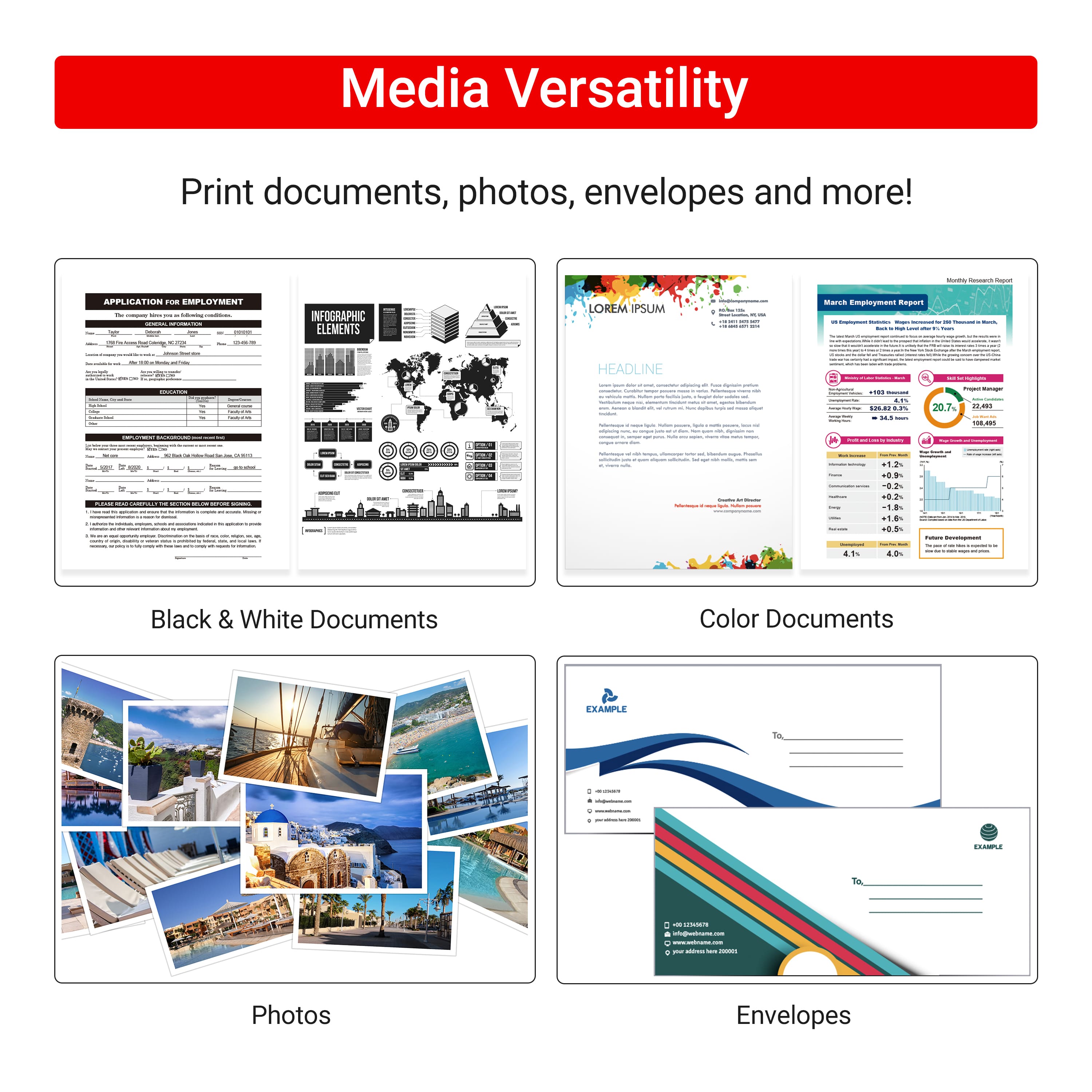 Media Versatility Print documents, photos, envelopes and more!
APPLICATION FEE: $20.00
INFOGRAPHIC ELEMENTS:
* Headline: "Media Versatility"
* Subheadline: "Print documents, photos, envelopes and more!"
* Body text: "Media Versatility offers a wide range of print options to suit your needs. From black and white documents to colorful photos and envelopes, we have you covered. Our high-quality printing services ensure that your documents, photos, and envelopes look professional and impressive."
EXAMPLE:
* A black and white document with a professional layout and font.
* A colorful photo with vibrant colors and sharp details.
* An envelope with a personalized design and attention to detail.
Don't miss out on the versatility that Media Versatility has to offer!