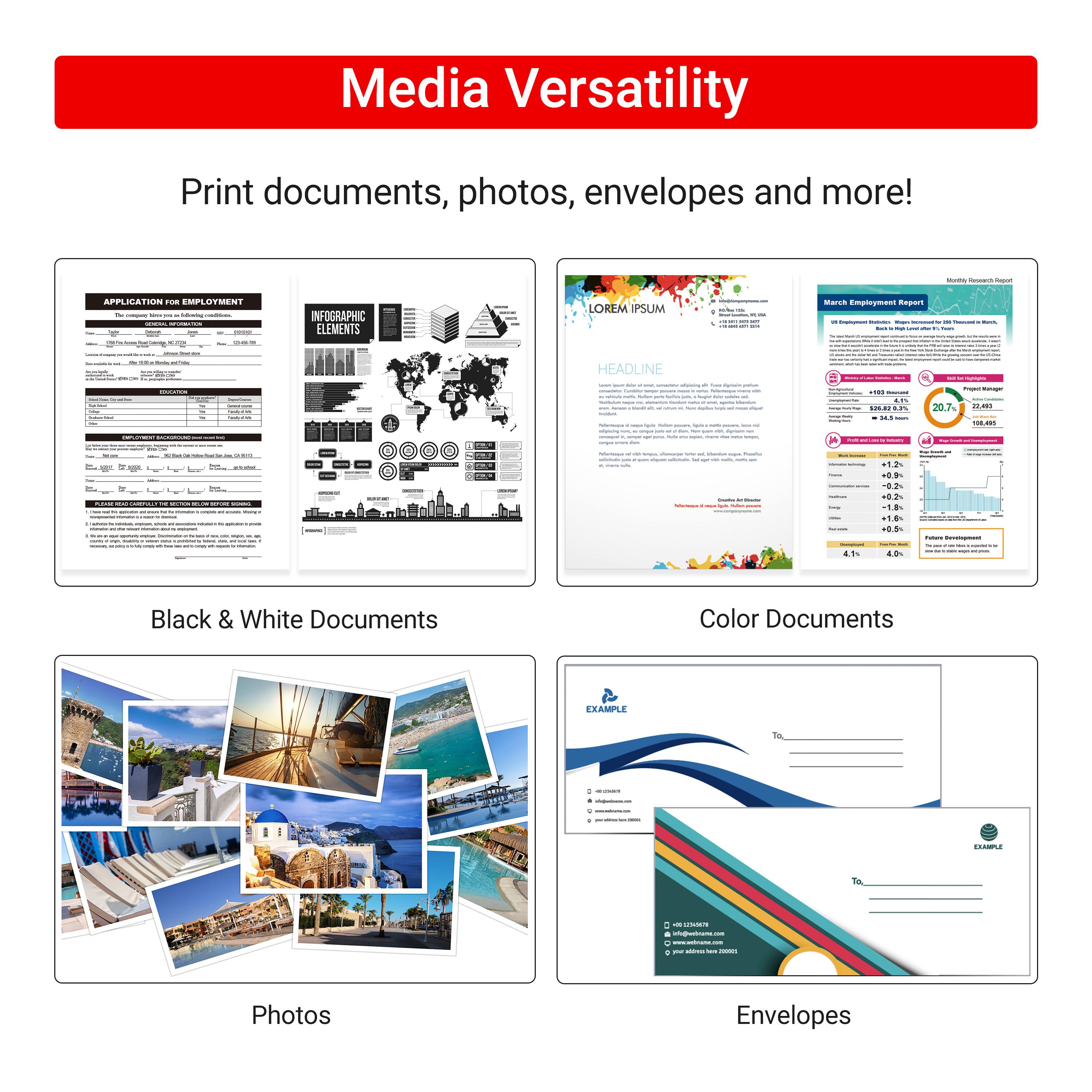 Media Versatility Print documents, photos, envelopes and more!

APPLICATION FEE: $20.00

INFOGRAPHIC ELEMENTS:

* Headline: "Media Versatility"
* Subheadline: "Print documents, photos, envelopes and more!"
* Body text: "Media Versatility offers a wide range of print options to suit your needs. From black and white documents to colorful photos and envelopes, we have you covered. Our high-quality printing services ensure that your documents, photos, and envelopes look professional and impressive."

EXAMPLE:

* A black and white document with a professional layout and font.
* A colorful photo with vibrant colors and sharp details.
* An envelope with a personalized design and attention to detail.

Don't miss out on the versatility that Media Versatility has to offer!