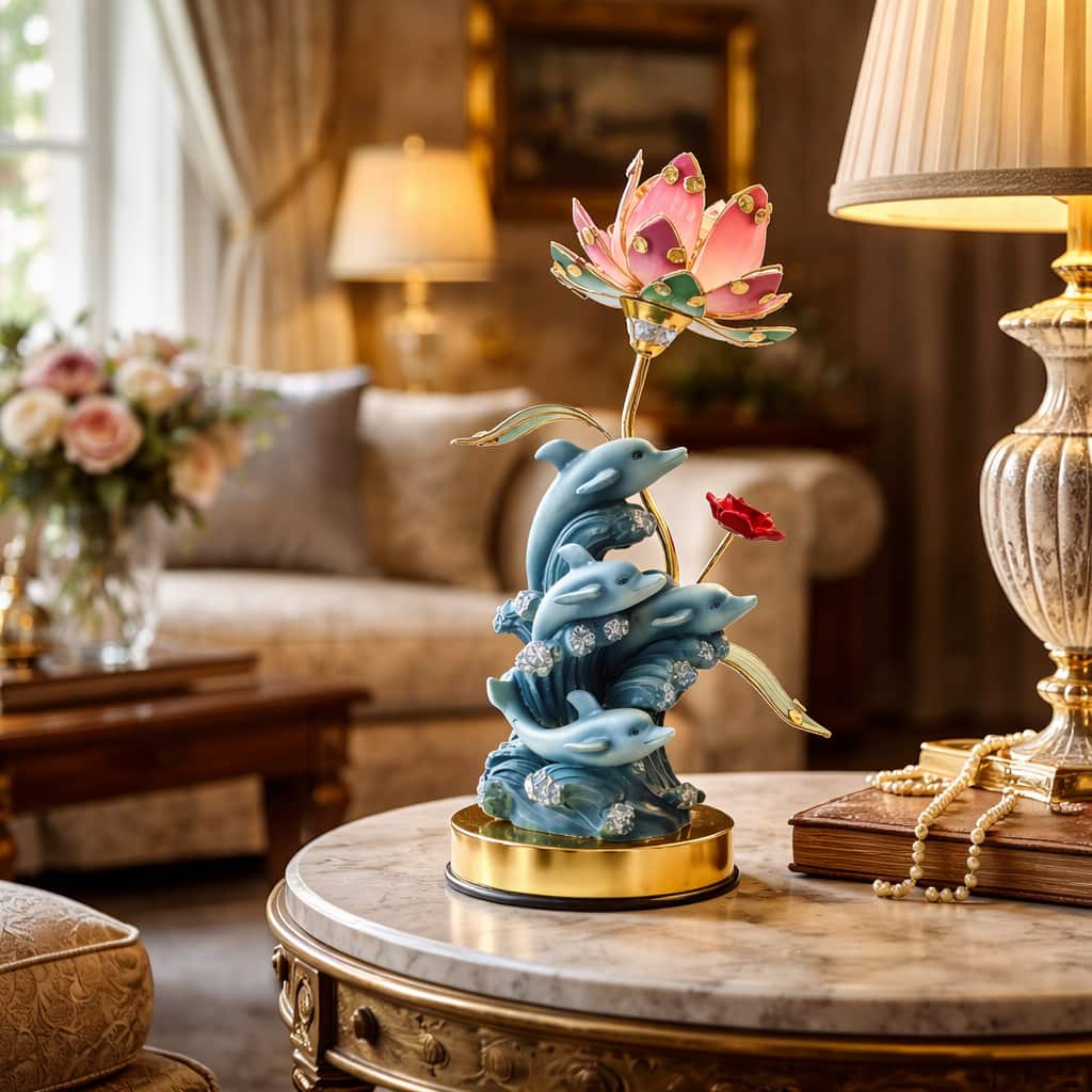 FC Design - 16"H Blue Elegant Dolphins Floral Touch Lamp