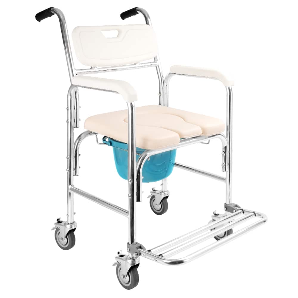 Topteng - Aluminum Alloy Mobile Commode Chair - 3-in-1 Shower/Toilet/Wheelchair,Locking Wheel,300lb Capacity for Elderly Home Care - White