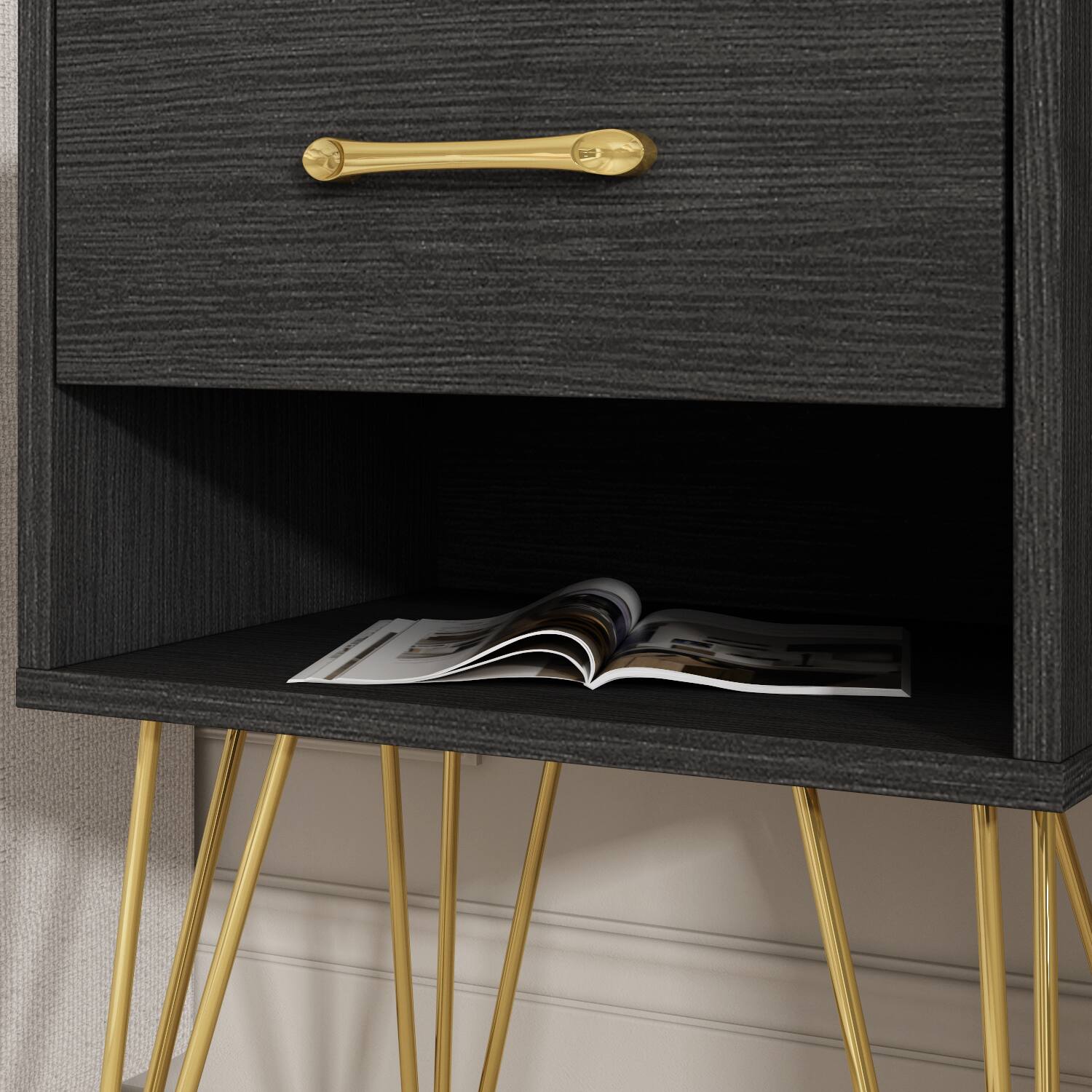 Alt View 6. FUFU & GAGA - Modern Single Drawer Nightstand Bedside Table with Gold Metal Legs Accent End Table with Storage for Bedroom Living Room - Black.