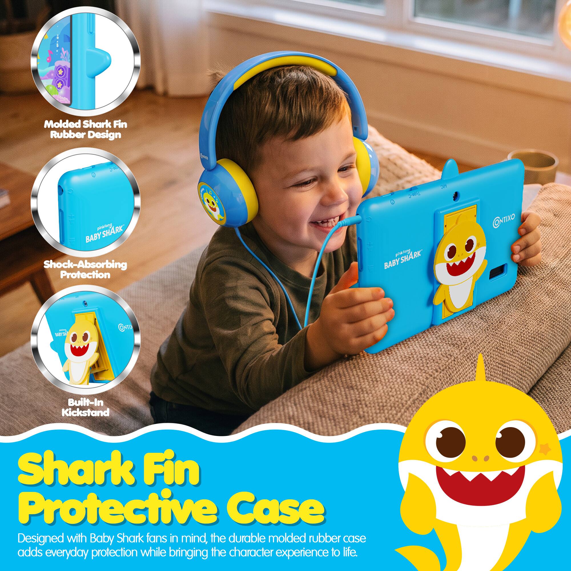 Molded Shark Fin Rubber Design 2-40

free

C BABYSHARK pinklong BABY Shock-Absorbing Protection

2018 BYSHARK phaking BABY

TIXO

POCK BART SH

ONTO

Built-In Kickstand

Shark Fin Protective Case

Designed with Baby Shark fans in mind, the durable molded rubber case adds everyday protection while bringing the character experience to life.