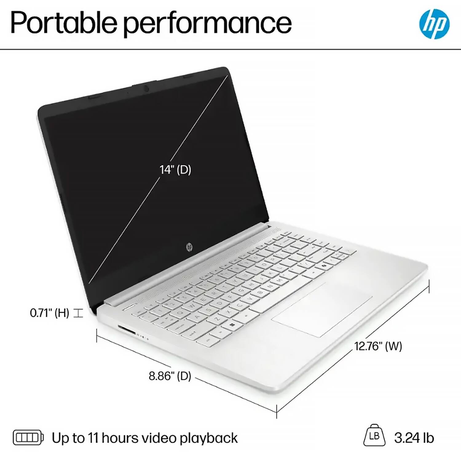 Portable performance

- 14" (D)
- 0.71" (H)
- 12.76" (W)
- 8.86" (D)
- Up to 11 hours video playback
- 3.24 lb