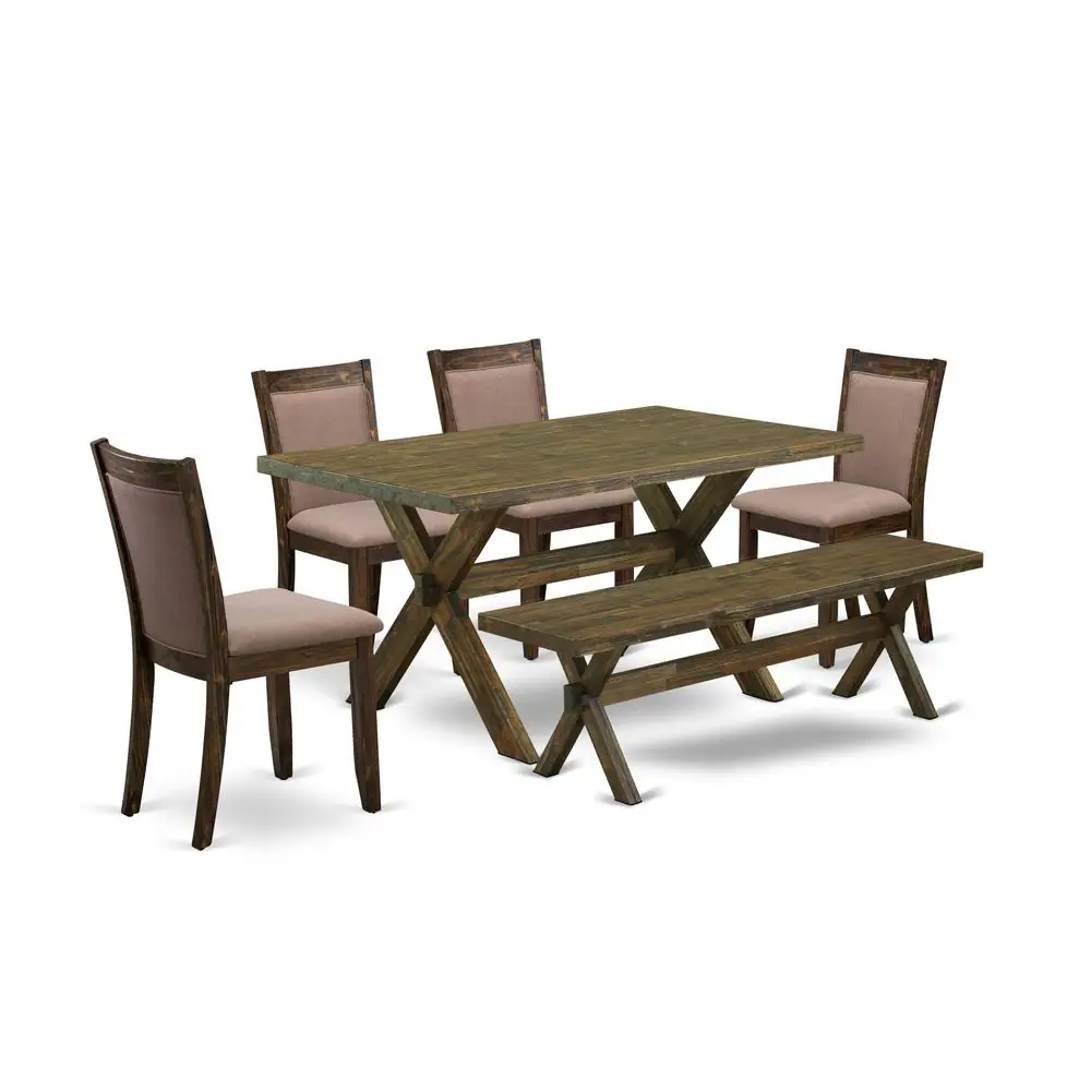 Alt View 4. East West Furniture - X776MZ748-6 - 6-Pc Dining Set - 4 Dining Chairs, a Dining Bench and 1 Modern Dining Table (Distressed Jacobean Finish) - Multi-Color.