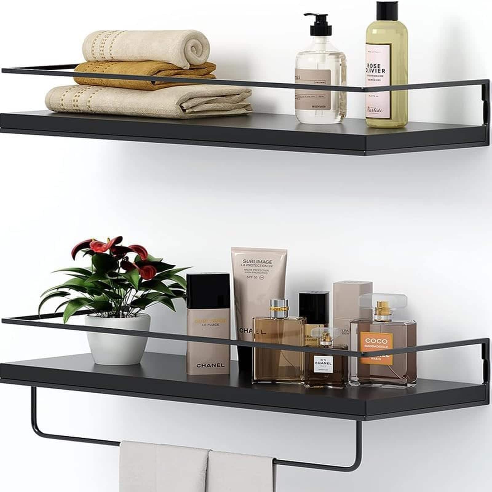 Dazzed Corner - Wall Mounted Towel Rack, Floating Bathroom Shelves Set of 2 - Black