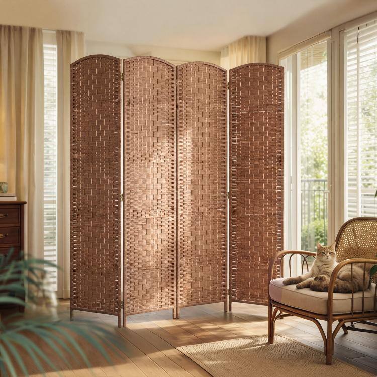 Alt View 1. PULUZ - Room Divider 4 Panel, 6FT Tall Folding Privacy Screen, Freestanding Hand-Woven Partition for Room Separation - Natural.
