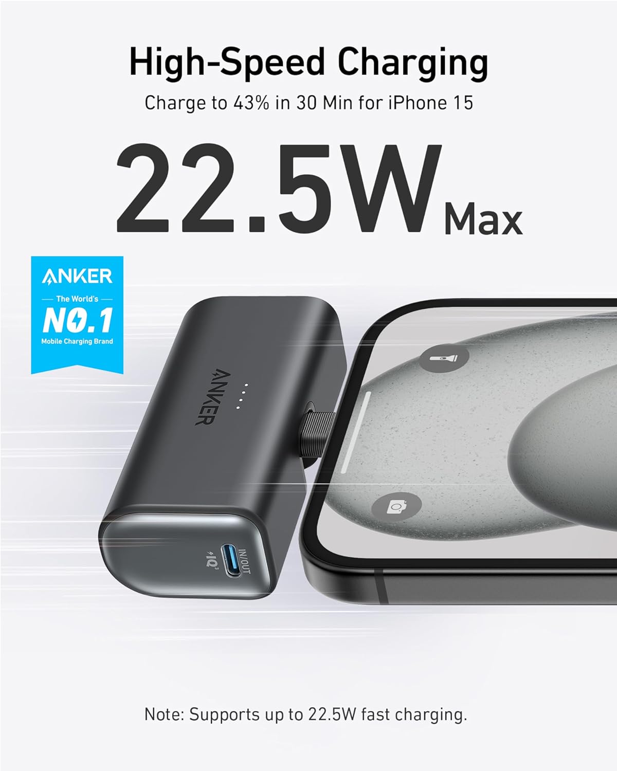 High-Speed Charging  
Charge to 43% in 30 Min for iPhone 15  
22.5W Max  

ANKER  
The World's NO.1 Mobile Charging Brand  

Note: Supports up to 22.5W fast charging.