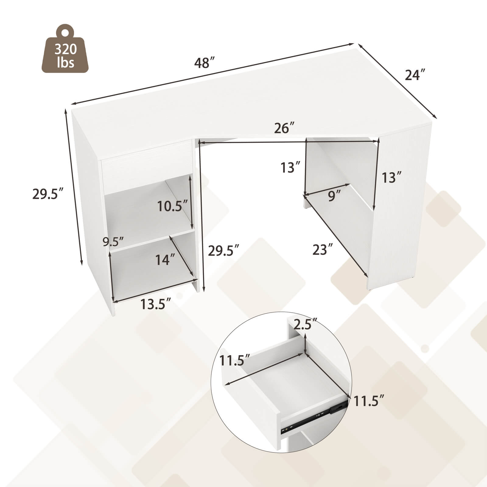 The text on the image reads: "320 lbs 48" 24" 26" 29.5" 10.5" 13" 9" 13" 9.5" 14" 29.5" 23" 13.5" 2.5" 11.5" 11.5".