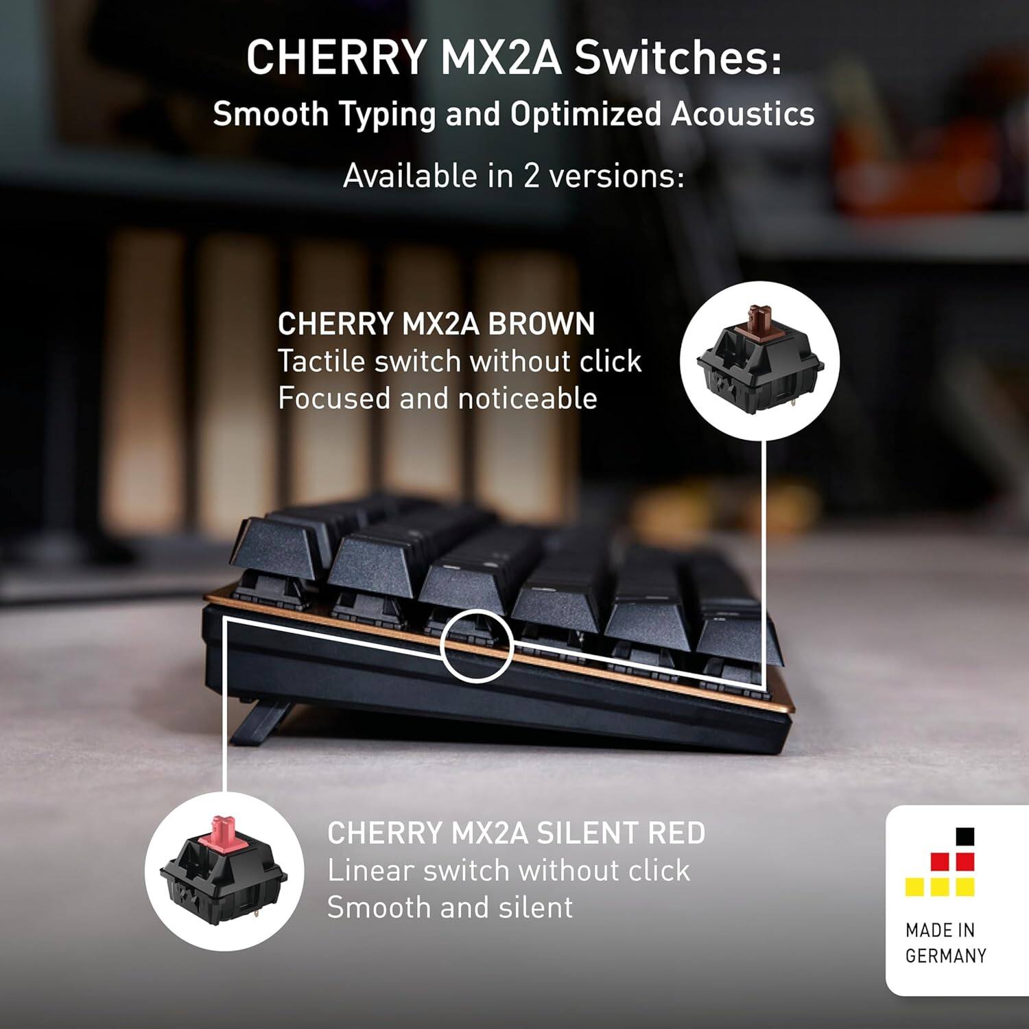 CHERRY MX2A Switches: Smooth Typing and Optimized Acoustics

Available in 2 versions:

CHERRY MX2A BROWN
Tactile switch without click
Focused and noticeable

CHERRY MX2A SILENT RED
Linear switch without click
Smooth and silent

MADE IN GERMANY