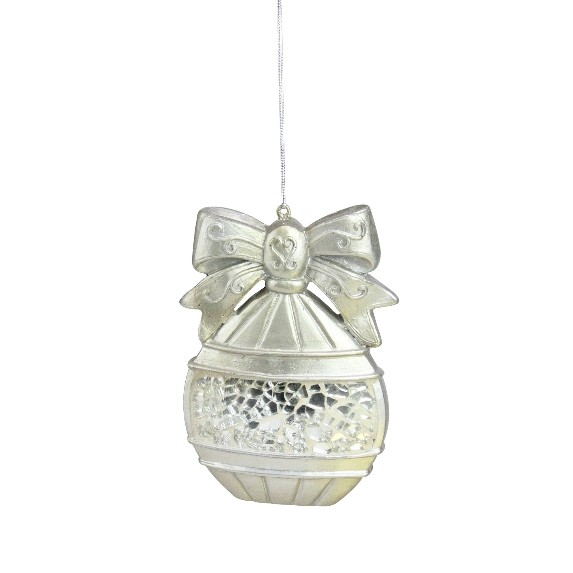 Front. Melrose - 4" Metallic Silver Mosaic Glass Disk Christmas Ornament - Silver.