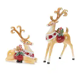 BreeBe - Holiday Reindeer Figurine (Set of 2) - Beige, Red, Green