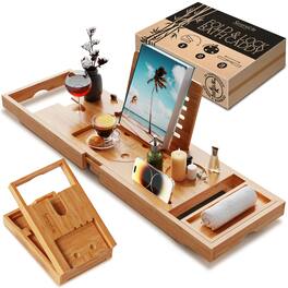 SereneLife - Premium Bathtub Tray Caddy with Gift Box and Bow Set, Expandable Bath Tray, Unique House Warming Gifts - Natural